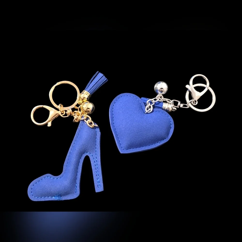 Blue Rhinestone Heart and Shoe Bag Charm Keychain Set